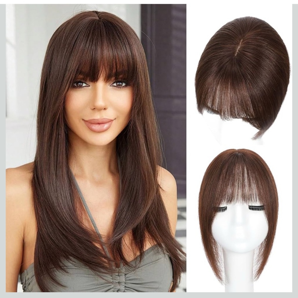 Matriarchs Hair Topper Human Hair,12”Wispy Bangs Topper, 360°3D (Chestnut Brown)
